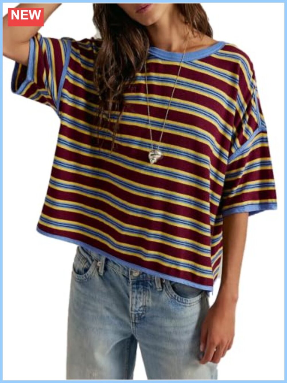 Oversized Striped Boxy Crop Tee 90s Retro Drop Shoulder Cotton Ringer T-Shirt
